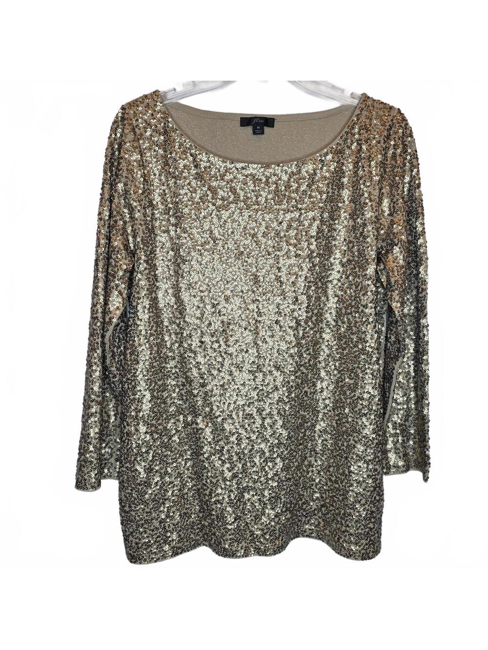 JCrew Gold Sequin Top Blouse Size Medium 3/4 Length Party Holiday Sparkly - Picture 2 of 7